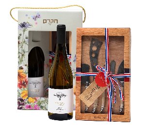 מארז יין עברי וסט גבינות – מארז פרחוני